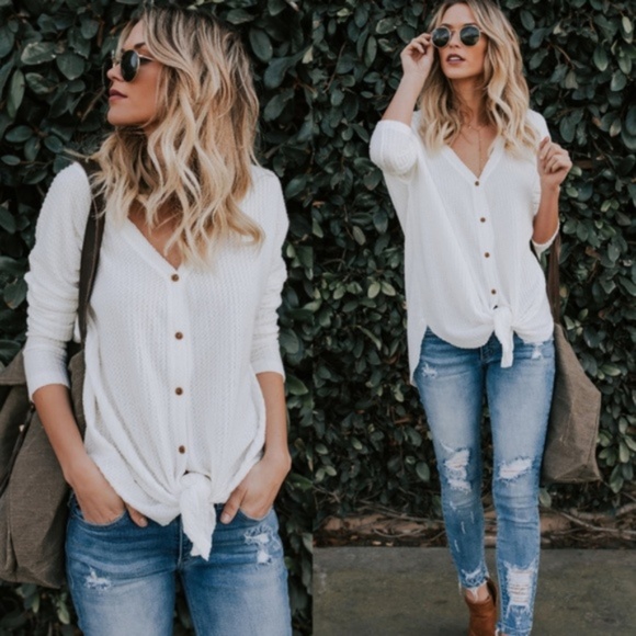 LAST 1! Cream waffle knit button up tie front top - Picture 2 of 6